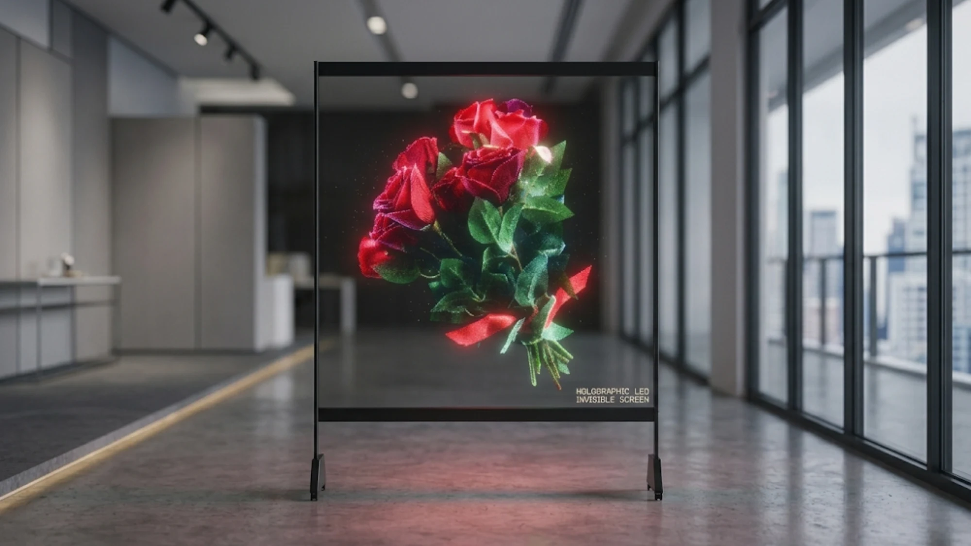 Holographic Invisible Transparent LED Display installed Dubai retail glass facade