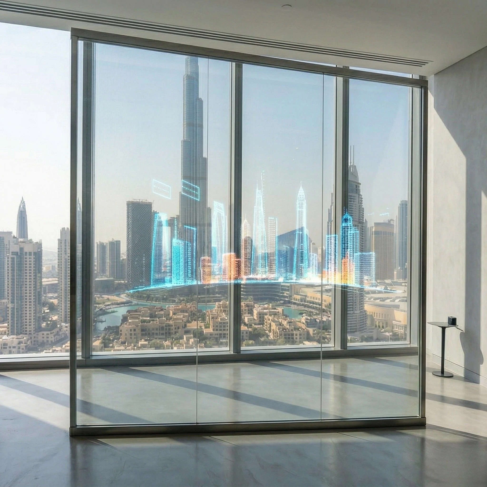 Holographic LED 90 percent transparency floating content Dubai facade