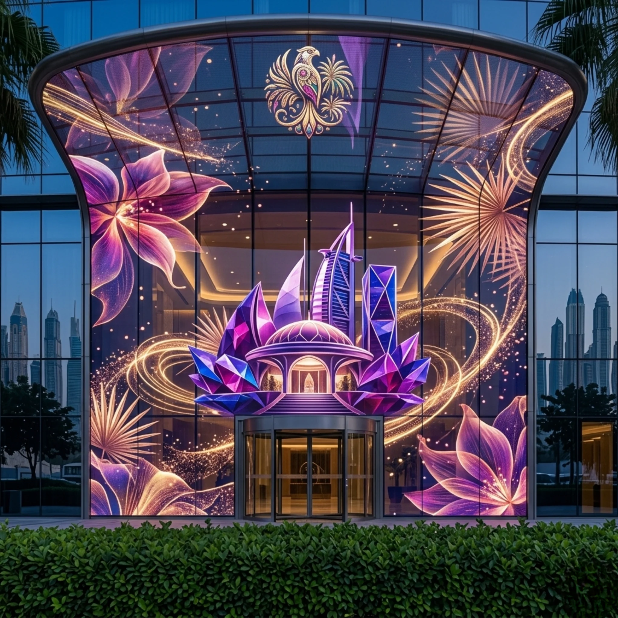 Holographic LED flexible bendable curved glass Dubai hotel dome